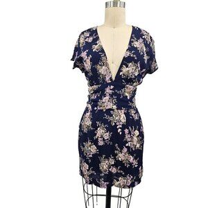 New Flynn Skye Olivia Mini Dress Womens M Navy Blue Floral Deep V Pockets